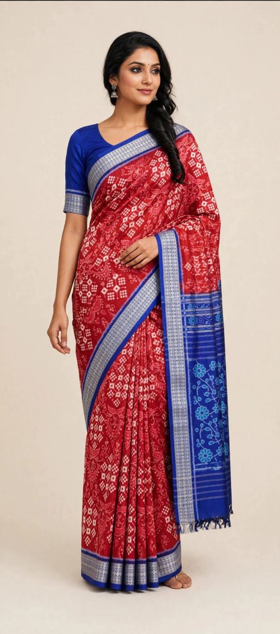 Magenta Pink & Royal Blue Sambalpuri Silk Saree with Pasapali Design | Meher Sambalpuri